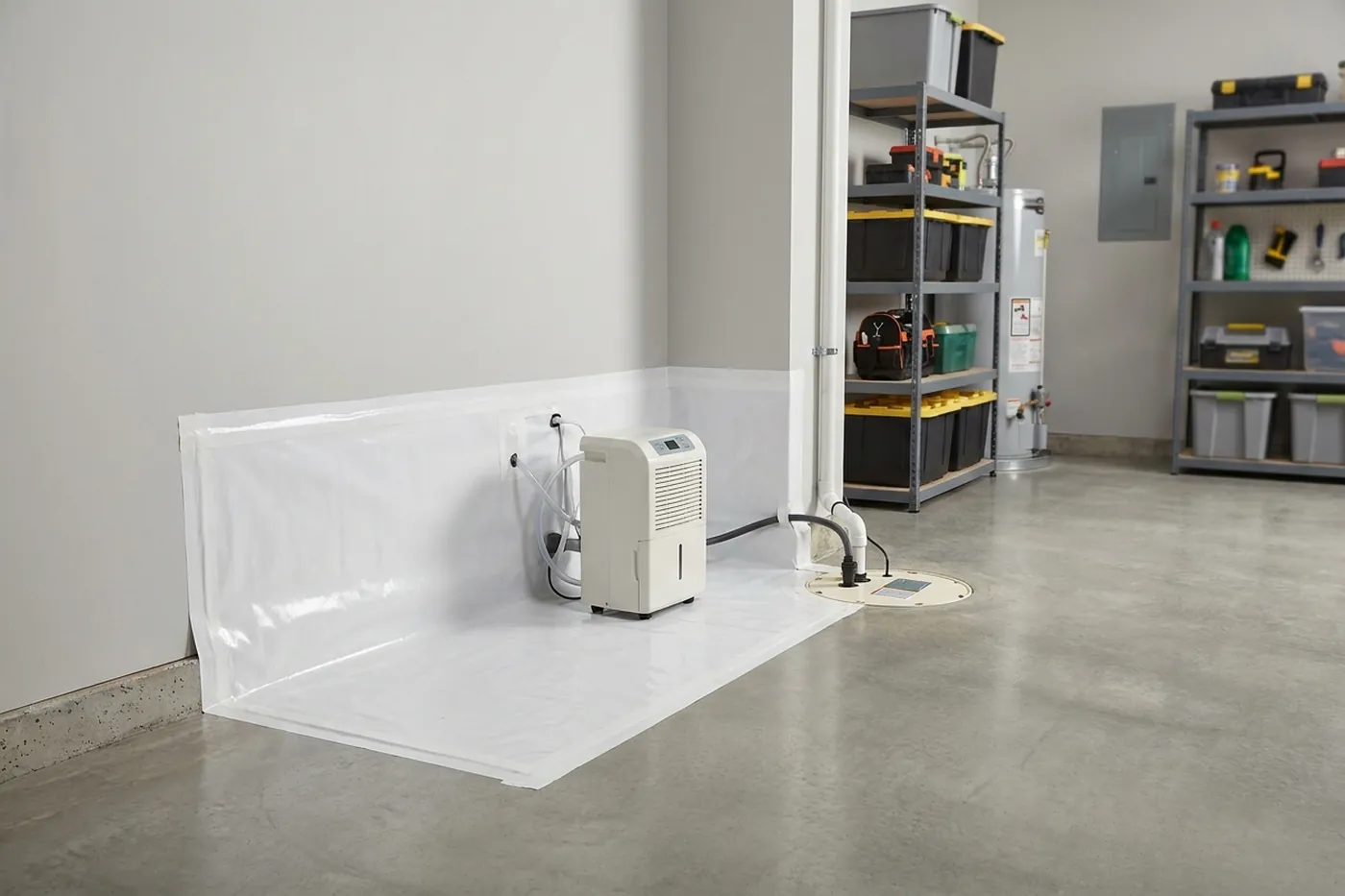 Sealed crawl space with liner and dehumidifier under a Columbus home